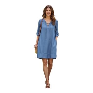 Tory Burch Chambray Lace Up V Neck Tunic Dress Blue Size 2